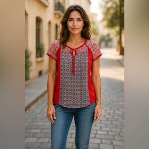 fig and flower for Anthropologie womens top size large boho tie keyhole red